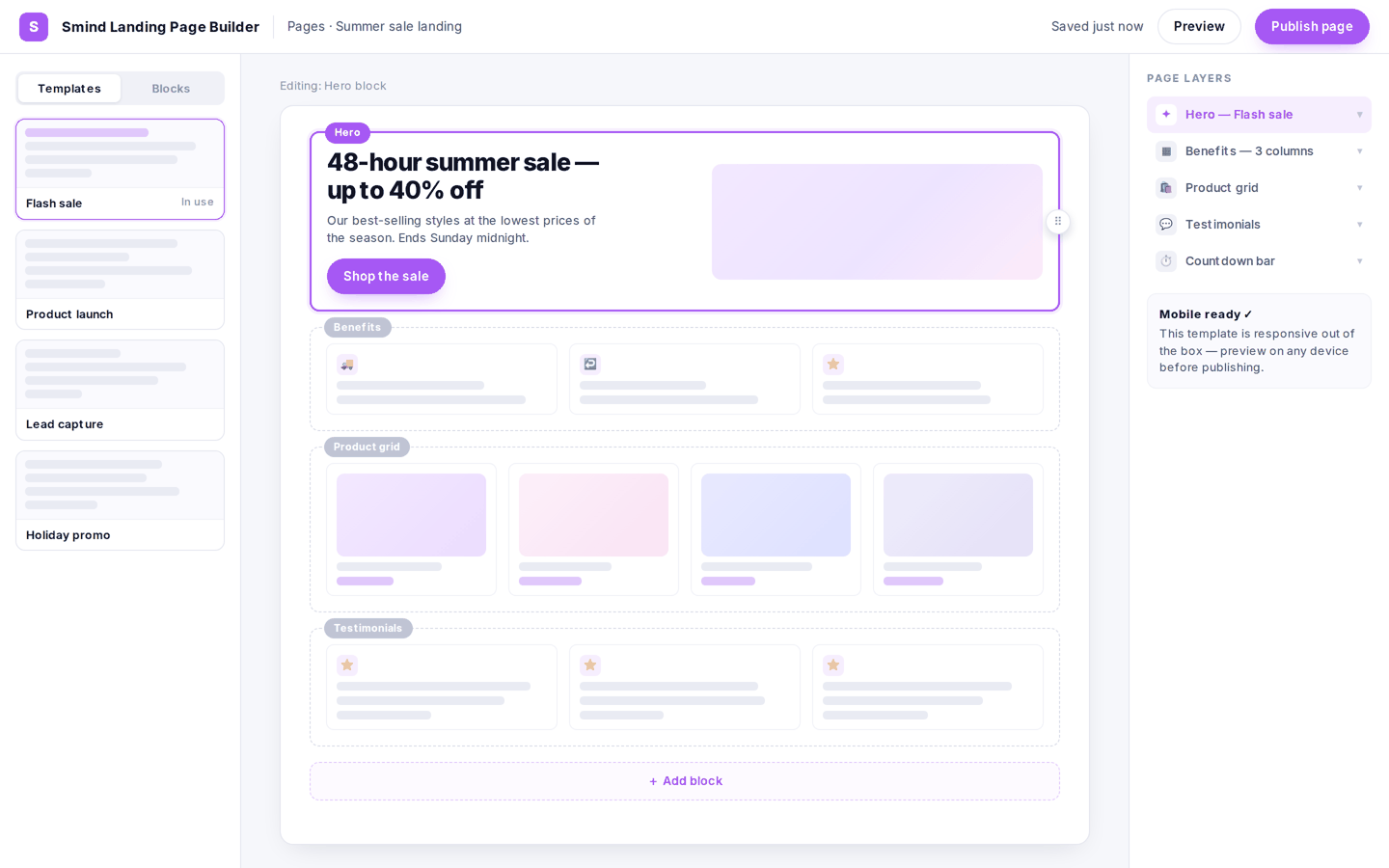 Smind Landing Page Builder — app screenshot