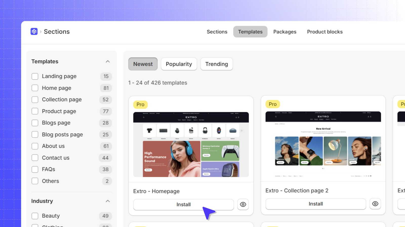 Browse 400+ full-page templates — install in one click